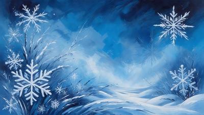 The primary subject of the image is a snowy landscape with a blue sky. The setting includes a path surrounded by snow-covered grass and bushes. The visual style of the image is a painting, which gives it a more artistic and creative appearance. The dominant colors in the painting are blue and white, creating a serene and peaceful atmosphere.
